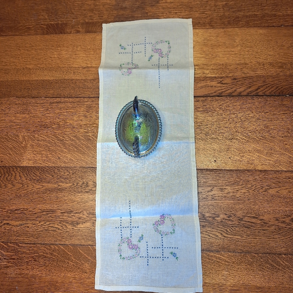 Vintage Embroidered Hearts & Flowers Linen Table Runner, 11.5" X 33"